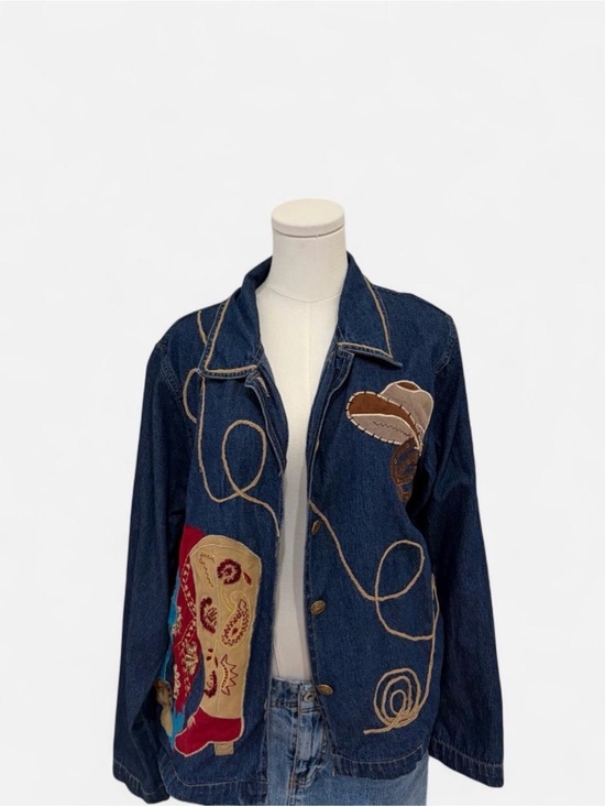 Tantrums Jackets & Blazers - Embroidered Dark Blue Denim Shirt Jacket with Western Appliqué